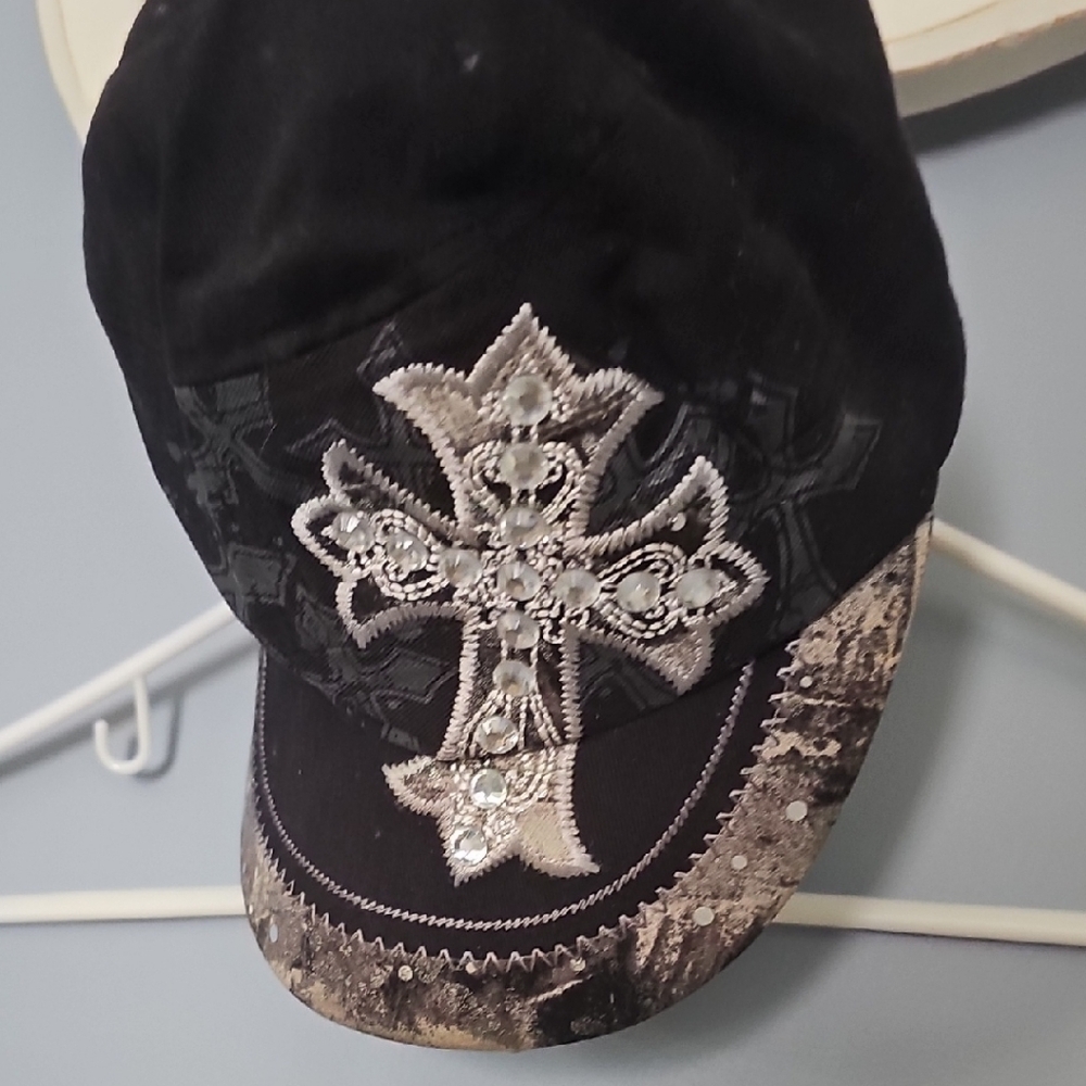 Black Cap with Embellished Cross Design